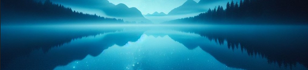A serene reflection of trees and mountains on a calm lake.